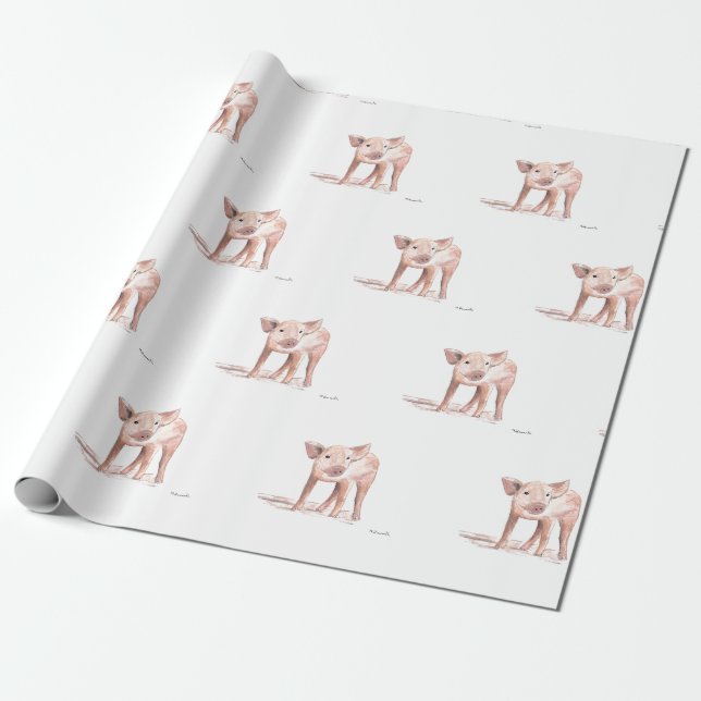 Papier Cadeau Baby porcelet cochon art aquarelle jolie ferme mot (Déroulé)