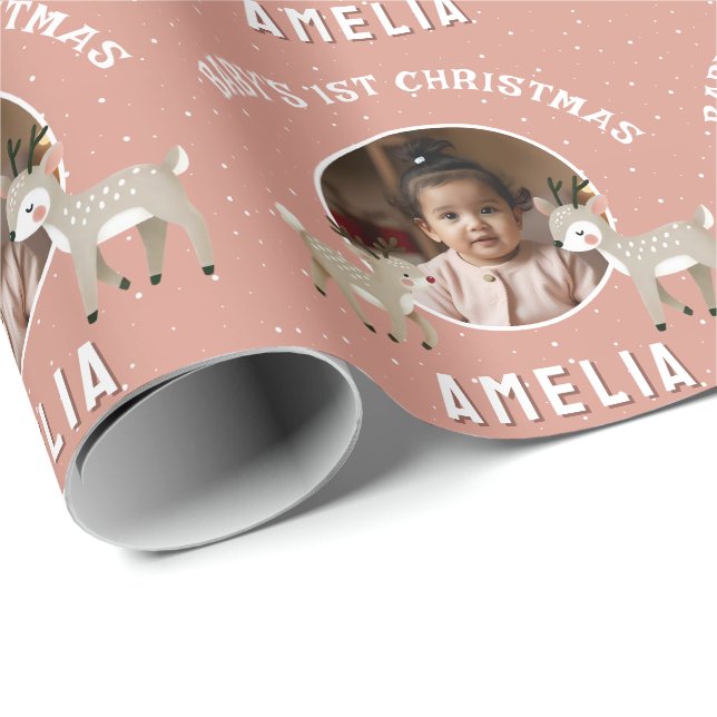 Papier Cadeau Baby’s 1st Christmas Reindeer Keepsake Photo (Coin rond)