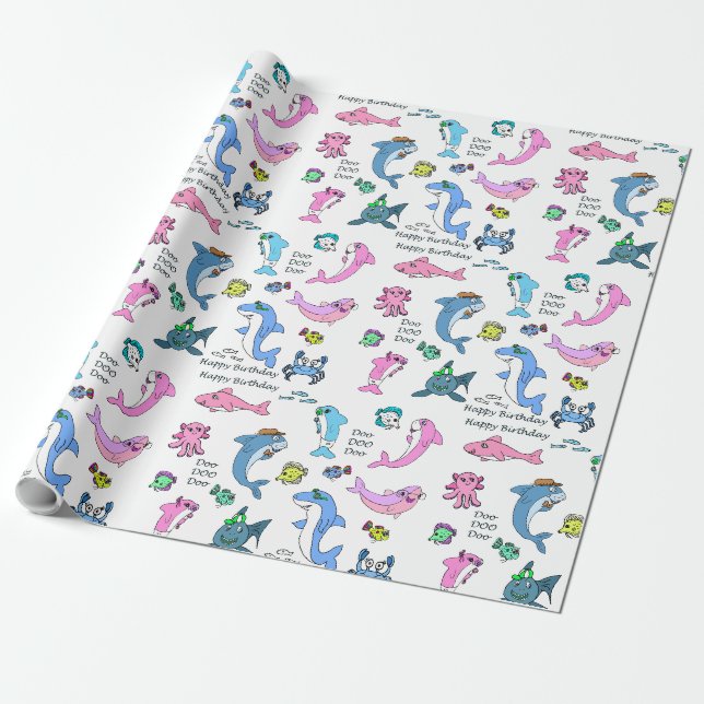 Papier Cadeau Baby Shark Family Doo Doo Joyeux anniversaire (Déroulé)