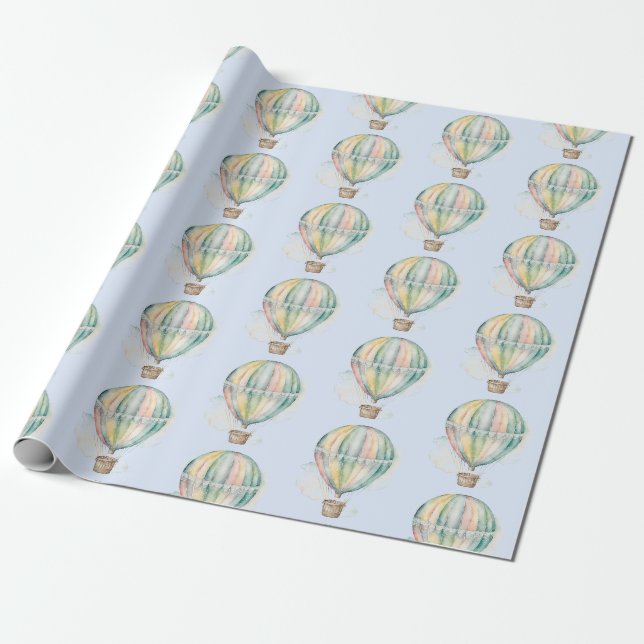 Papier Cadeau Baby shower, aquarelle colorée montgolfière (Déroulé)