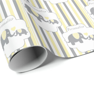 Papier Cadeau Baby shower blanc, gris et jaune d'éléphants de