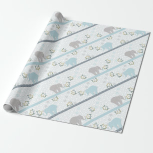 Papier Cadeau Baby shower bleu et gris du safari   d'éléphant 