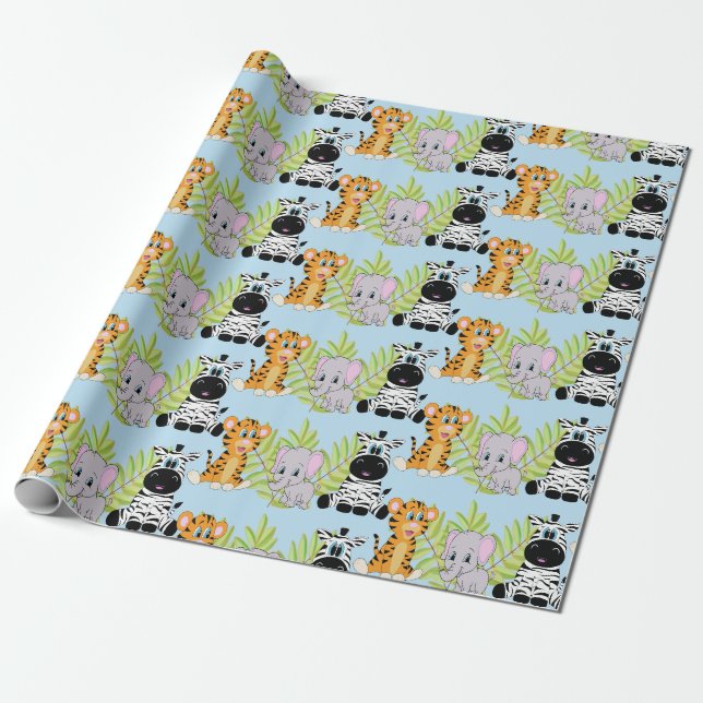 Papier Cadeau Baby shower Bleu Garçon Cute Safari Jungle Animaux (Déroulé)