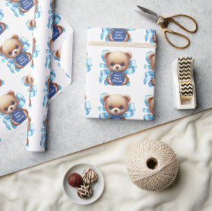 Papier Cadeau Baby shower Bleu Teddy Bear