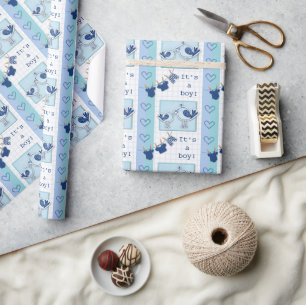 Papier Cadeau Baby shower C’est un garçon Bleu Oiseaux