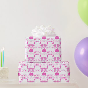 Papier Cadeau Baby shower C’est une fille Eléphant rose