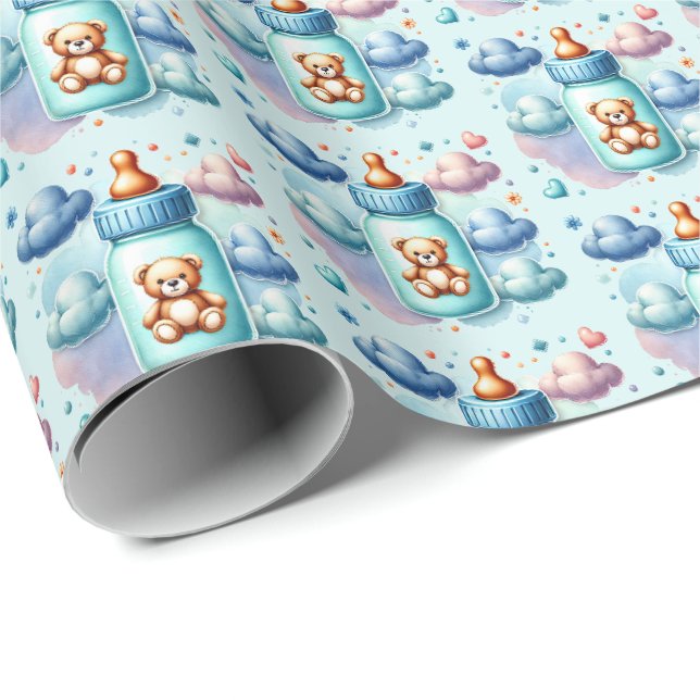 Papier Cadeau Baby shower carrelé en bouteille pour garçons mign (Coin rond)