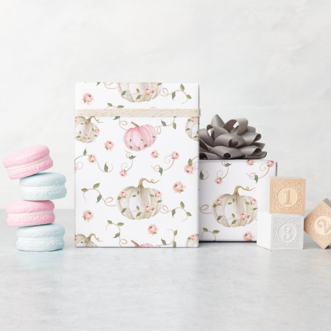 Papier Cadeau Baby shower Citrouille rose et blanc automne (Baby Shower)