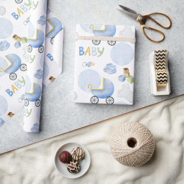 Papier Cadeau Baby shower d'aquarelle bleu bébé garçon (Artisanat)