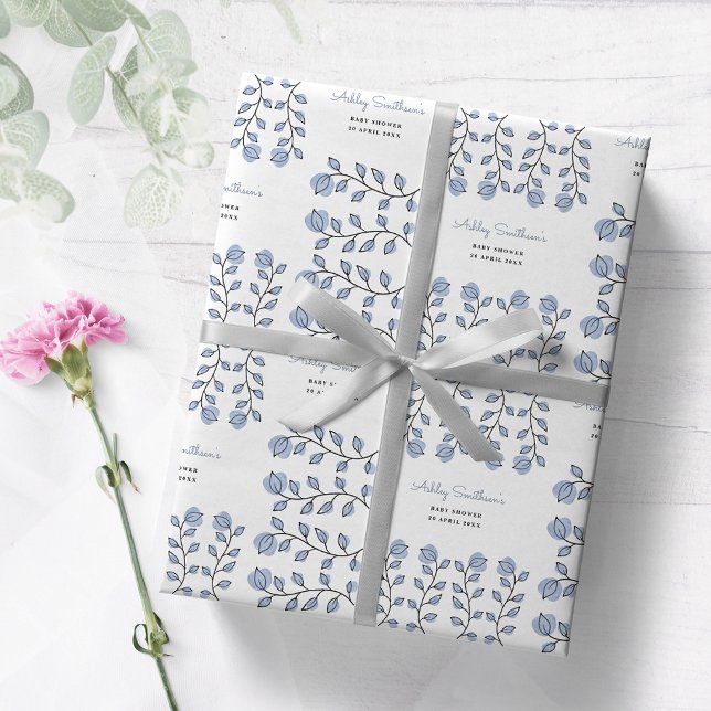 Papier Cadeau Baby shower d'aquarelle florale (bleu) (Créateur téléchargé)