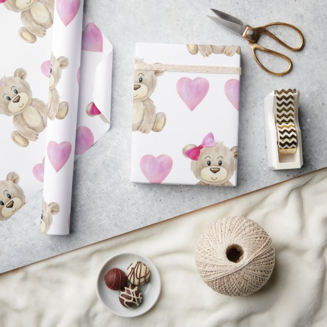 Papier Cadeau Baby shower d'aquarelle rose Teddy Bear Baby Girl (Artisanat)
