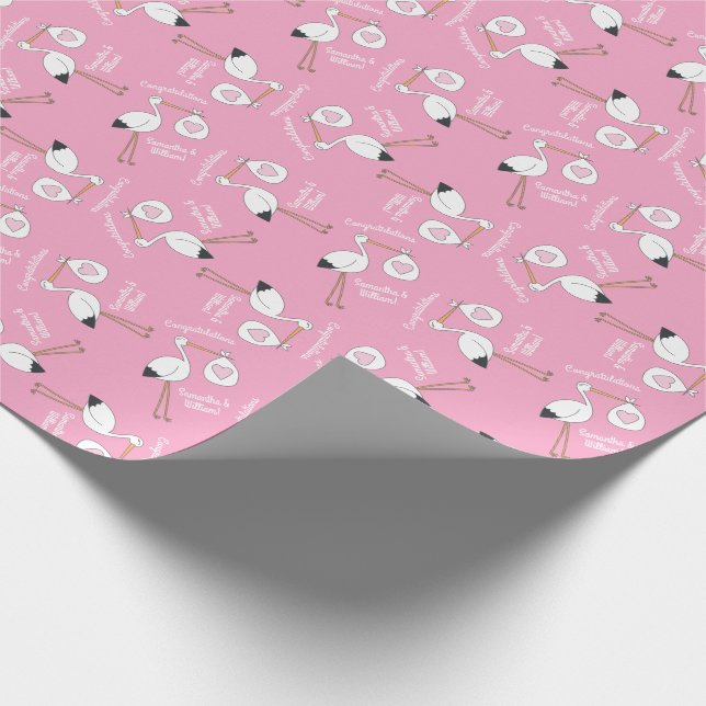 Papier Cadeau Baby shower de cigogne fille rose (Coin)