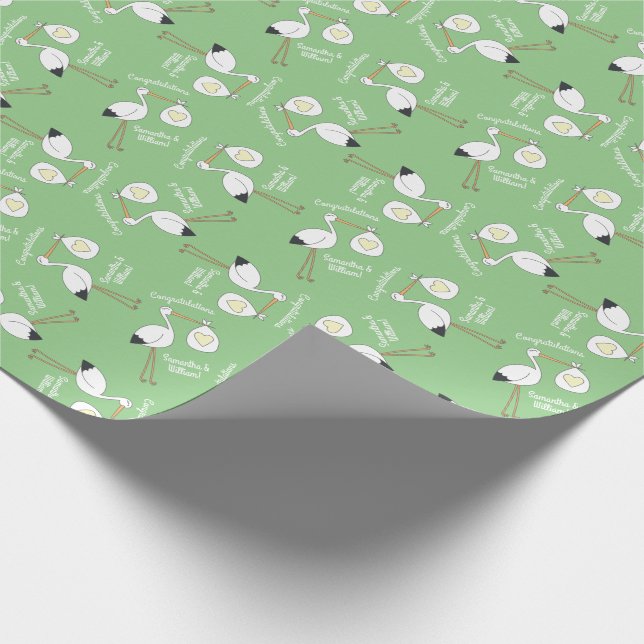 Papier Cadeau Baby shower de cigogne vert genre neutre (Coin)