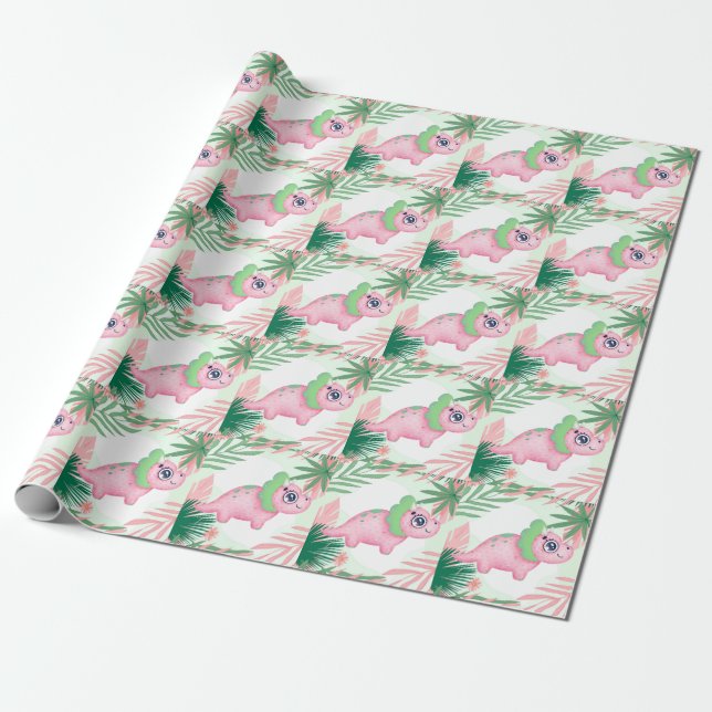 Papier Cadeau Baby shower de dinosaures rose et vert pour filles (Déroulé)