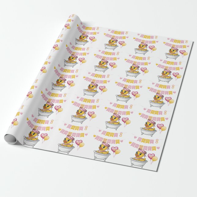 Papier Cadeau Baby shower de filles en caoutchouc rose et jaune (Déroulé)