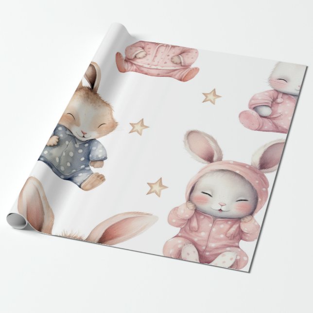Papier Cadeau Baby shower de lapin en mousse d'eau couché Motif (Déroulé)