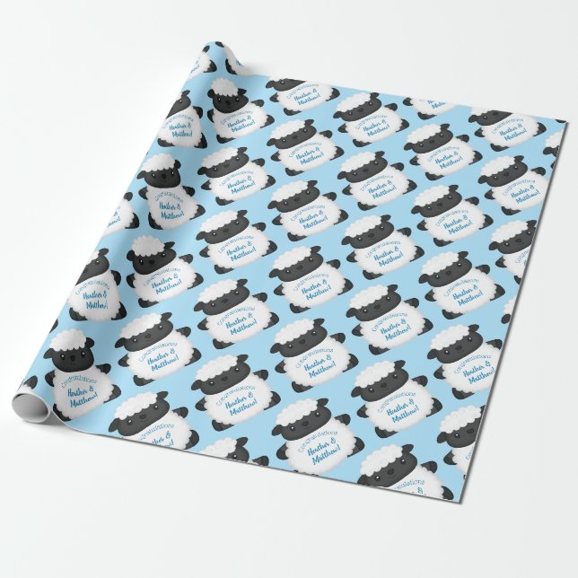 Papier Cadeau Baby shower de mouton ferme Blue Boy (Déroulé)