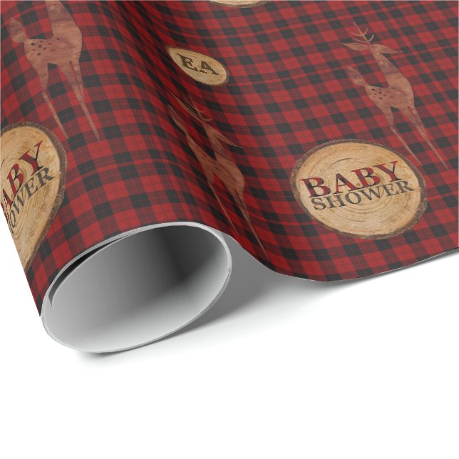 Papier Cadeau Baby Shower de Plaid de Buffalo Rustique Initiales (Coin rond)