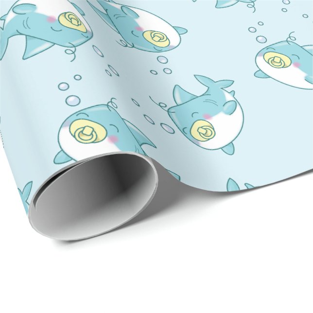 Papier Cadeau Baby shower de requin mignon Kawaii (Coin rond)
