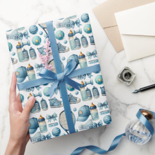 Papier Cadeau Baby shower de tennis pour bébé garçon bleu thème