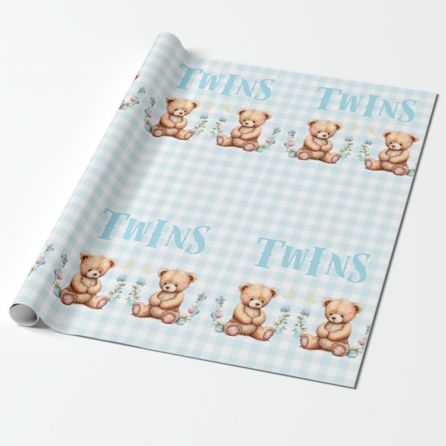 Papier Cadeau Baby shower de typographie Blue Teddy Bear Twins (Déroulé)