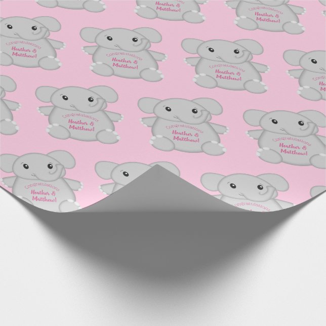 Papier Cadeau Baby shower d'éléphant rose (Coin)