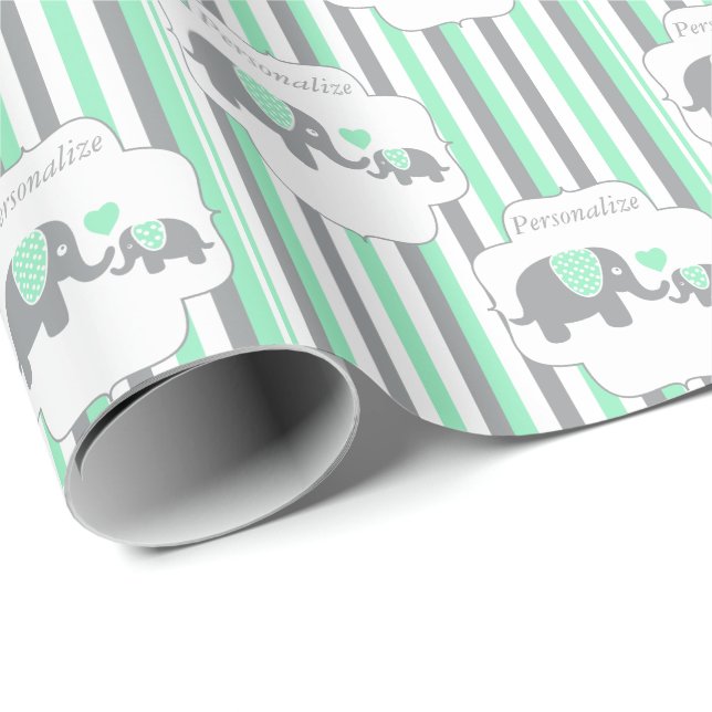 Papier Cadeau Baby shower des éléphants blancs, gris et verts (Coin rond)