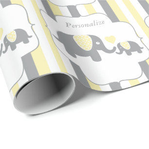 Papier Cadeau Baby shower des éléphants blancs, jaunes et gris