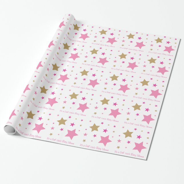 Papier Cadeau Baby shower d'étoile de rose et de scintillement (Déroulé)