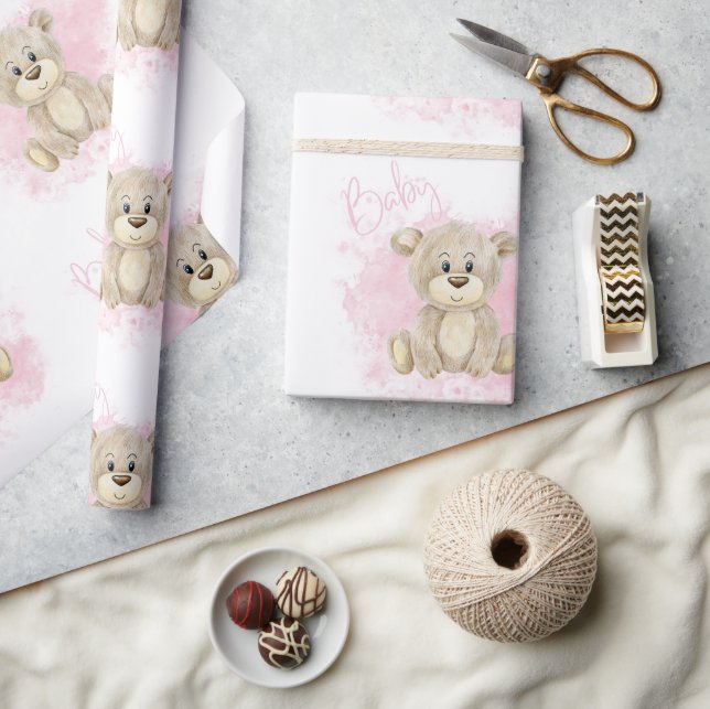 Papier Cadeau Baby shower d'ours pour fille rose (Artisanat)