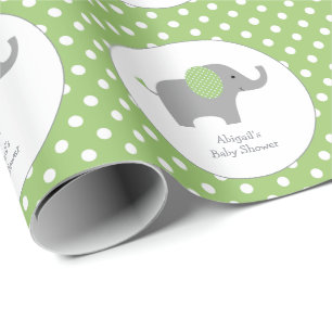 Papier Cadeau Baby shower éléphant à point Polka vert et blan