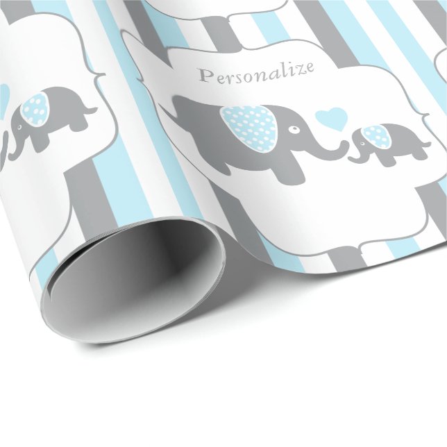 Papier Cadeau Baby shower Eléphants blanc, bleu et gris (Coin rond)