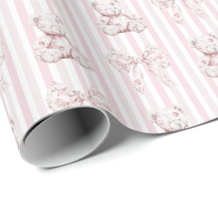 Papier Cadeau Baby-Shower Fille Rose Rétro Toile et Rayures