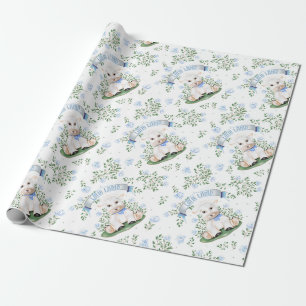 Papier Cadeau Baby shower floral bleu d'agneau