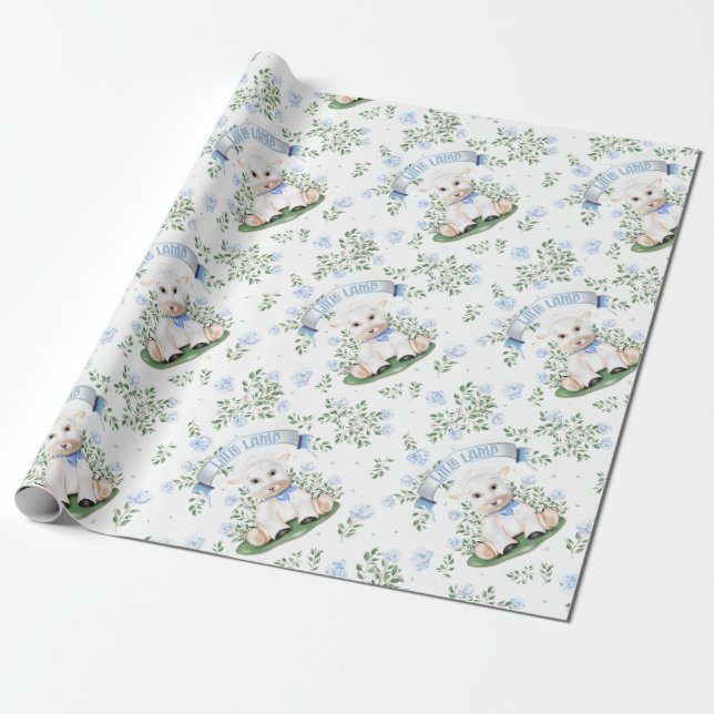 Papier Cadeau Baby shower floral bleu d'agneau (Déroulé)