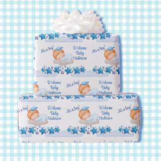 Papier Cadeau Baby shower Garçon dormant sur un Baby shower nuag