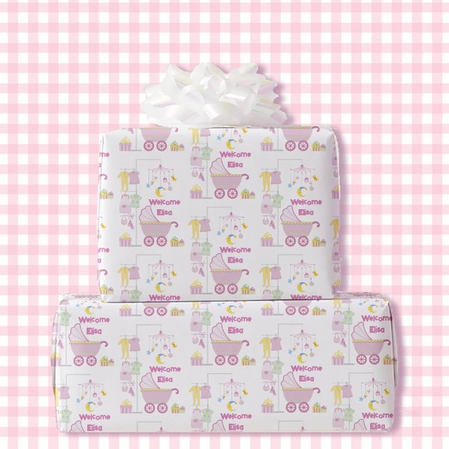 Papier Cadeau Baby shower Girl Pink Bassinet Ajouter nom et text (Créateur téléchargé)