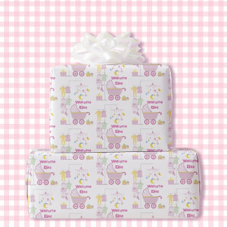 Papier Cadeau Baby shower Girl Pink Bassinet Ajouter nom et text