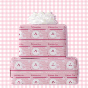 Papier Cadeau Baby shower Girl Pink Bassinet Ajouter Nom & Texte