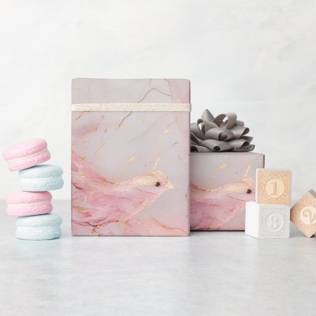 Papier Cadeau Baby shower Gold Blush Pink Birds (Baby Shower)