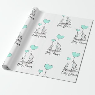 Papier Cadeau Baby shower moderne Elephant MINT & cadeau gris