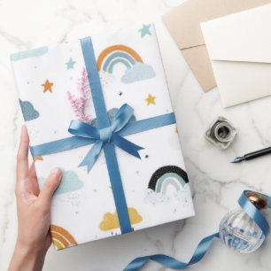 Papier Cadeau Baby Shower Nuages de Pluie et Arcs-en-ciel