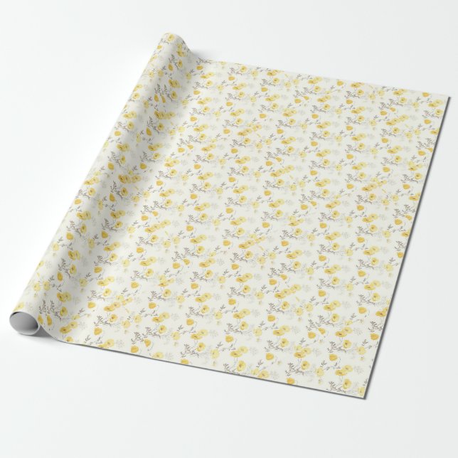 Papier Cadeau Baby shower nuptial floral jaune (Déroulé)