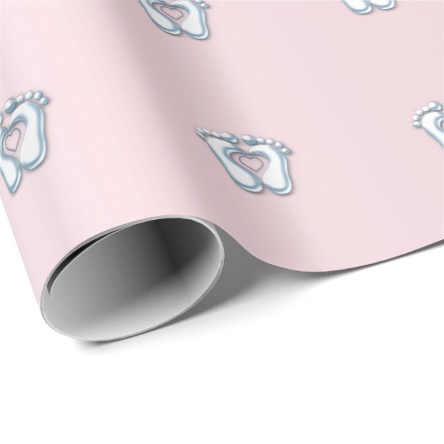 Papier Cadeau Baby shower pieds coeur rose pastel (Coin rond)