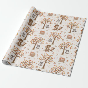 Papier Cadeau Baby shower Raccoon d'écureuils pour bébés en bois
