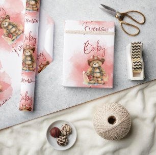 Papier Cadeau Baby shower rouge pompier Teddy Bear Boy