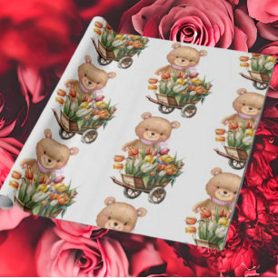 Papier Cadeau Baby shower Teddy Bear Bleu rustique fleuri