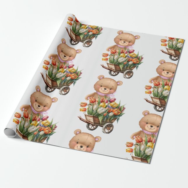 Papier Cadeau Baby shower Teddy Ours floral rose rustique rose (Déroulé)