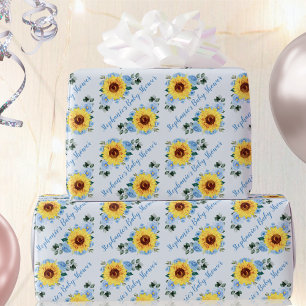 Papier Cadeau Baby shower Tournesol Dusty Bleu Nom personnalisé