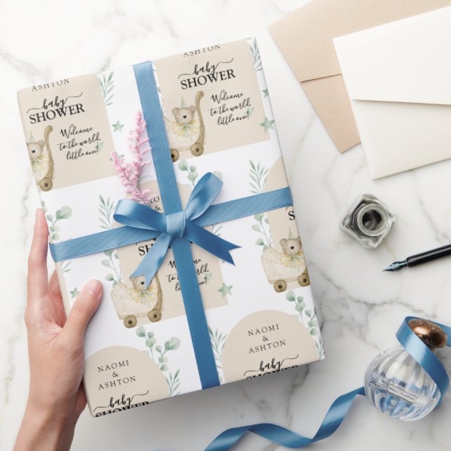 Papier Cadeau Baby shower vert illustré personnalisé (Cadeaux)